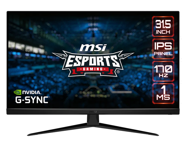 Gaming monitor with MSI Esports and NVIDIA G-SYNC branding on a blurred sports arena background.