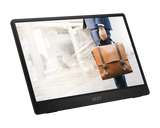 Digital display screen showing a person holding a brown leather bag.