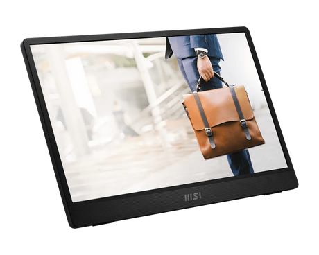 Digital display screen showing a person holding a brown leather bag.