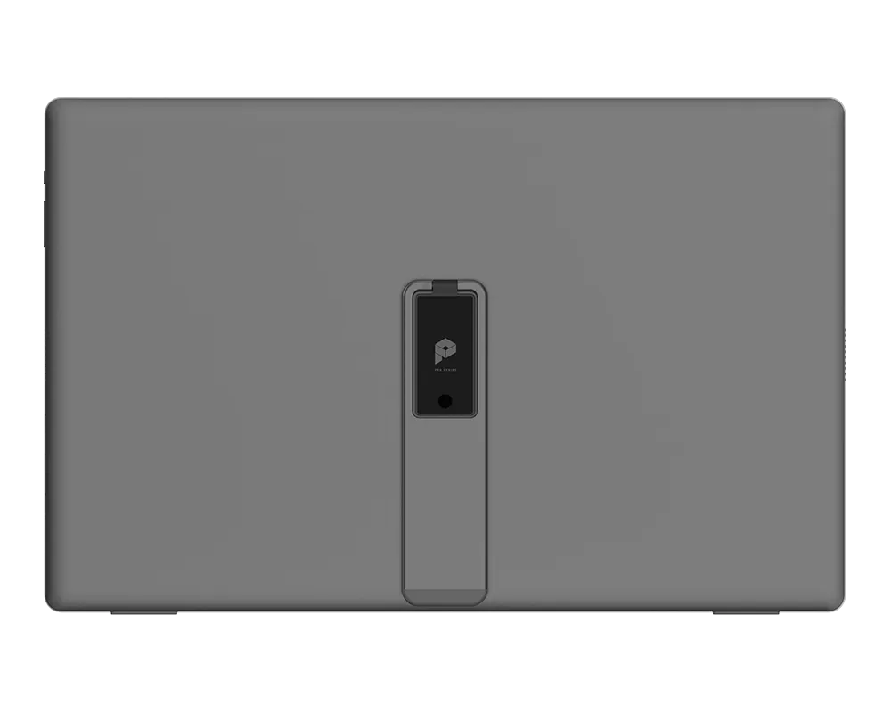 Gray laptop cover with a brand logo on a white background