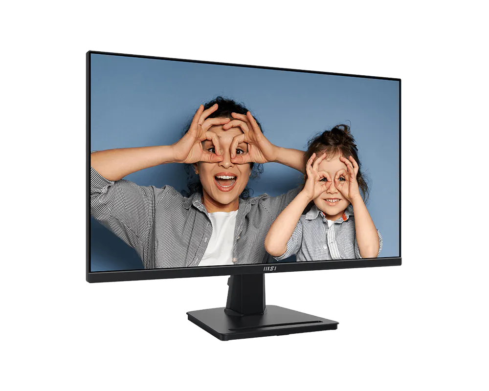 Monitor displaying two people covering their eyes with their hands on a blue background