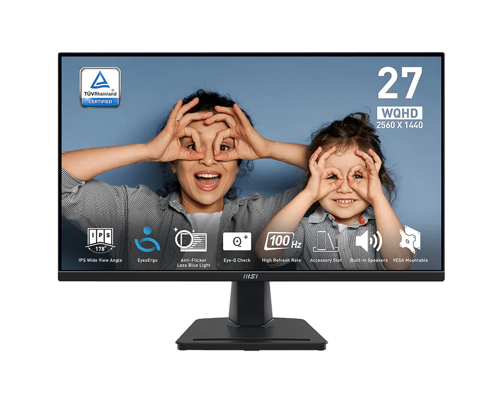 Monitor displaying a family image with text about screen size and features on a white background