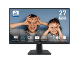 Monitor displaying a family image with text about screen size and features on a white background