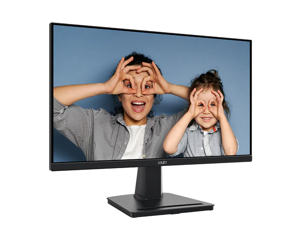 Monitor displaying two children covering their eyes with hands on a blue background