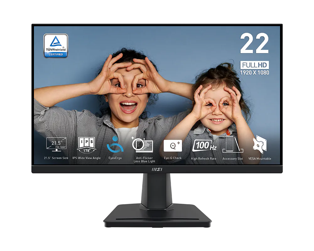 Monitor displaying a child and adult with hands over eyes, surrounded by certification logos and specifications.