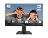 Monitor displaying a child and adult with hands over eyes, surrounded by certification logos and specifications.