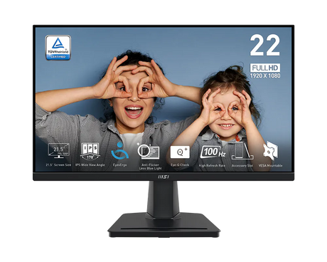 Monitor displaying a child and adult with hands over eyes, surrounded by certification logos and specifications.