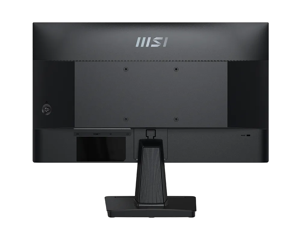 Back view of a black MSI monitor on a white background