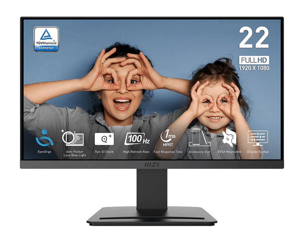Monitor with a display of two children making a 'see no evil' gesture, featuring TUV Rheinland certification.