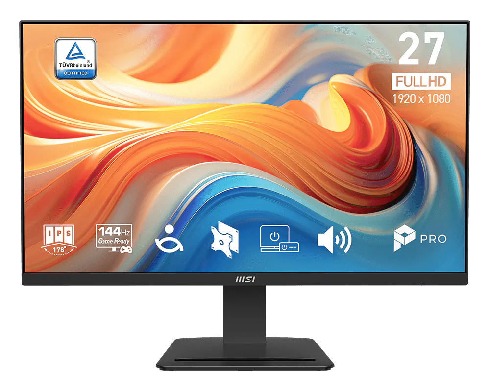 Computer monitor with colorful display and brand logo on a white background