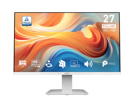 Computer monitor with colorful display and brand logo on a white background