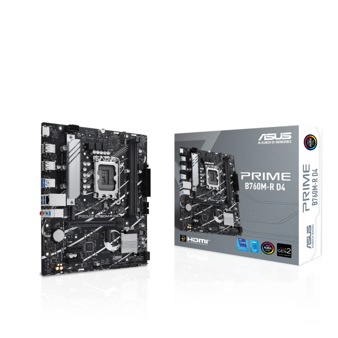 ASUS PRIME B760M-R D4 Intel B760 LGA 1700 micro-ATX motherboard with PCIe 4.0, two PCIe 4.0 M.2 slots, DDR4, Realtek 2.5Gb Ethernet HDMI SATA 6 Gbps front USB 5Gbps ports Aura Sync