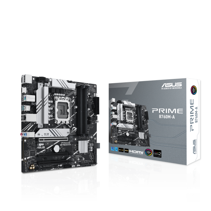ASUS PRIME B760M-A D4 Intel B760 LGA 1700 mATX motherboard, PCIe 4.0 two M.2 slots Realtek 2.5Gb Ethernet,DisplayPort, Dual HDMI SATA 6 Gbps, rear USB 3.2 Gen 2, front USB 3.2 Gen 1 Type-C Aura Sync