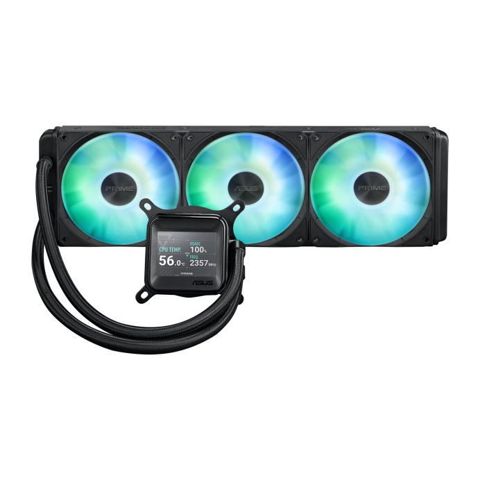ASUS Prime LC 360 LCD ARGB all-in-one CPU liquid cooler with sharp screen showcasing CPU & GPU information with different background, high-performance Asetek pump armed with robust motor daisy-chainable fans