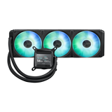 ASUS Prime LC 360 LCD ARGB all-in-one CPU liquid cooler with sharp screen showcasing CPU & GPU information with different background, high-performance Asetek pump armed with robust motor daisy-chainable fans